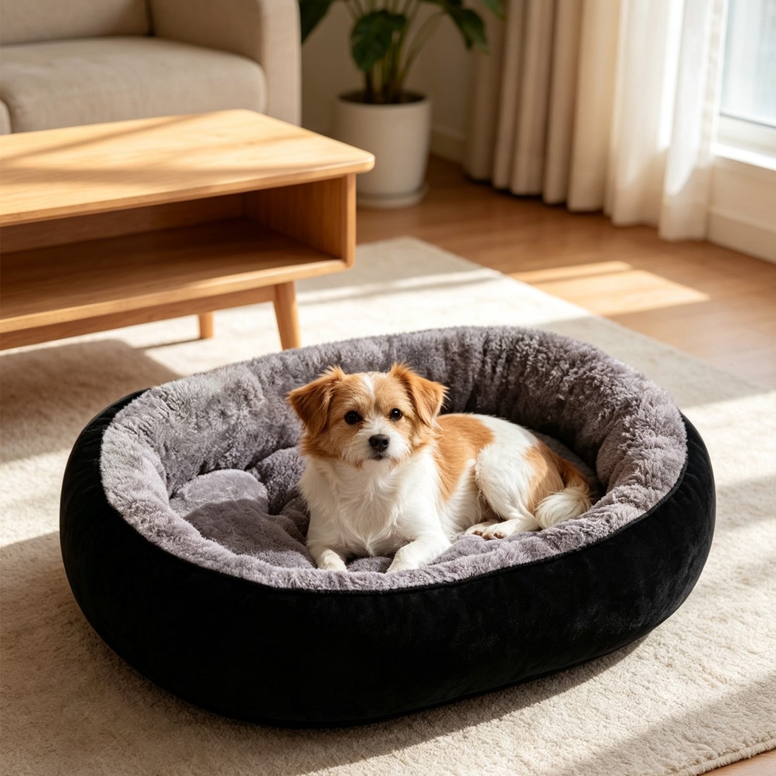 Perro descansando en una cama circular de felpa con bordes elevados